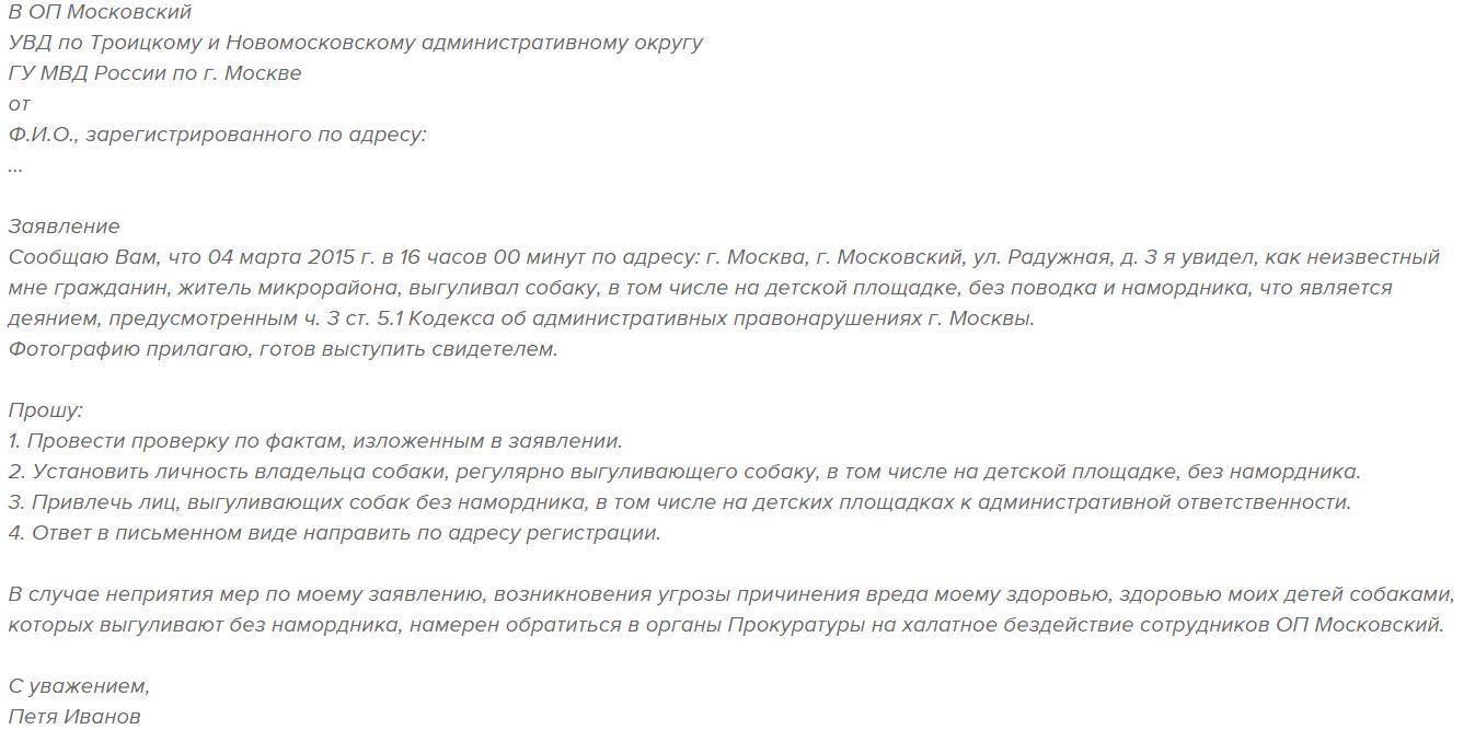 Заявление о нападении собаки в полицию образец